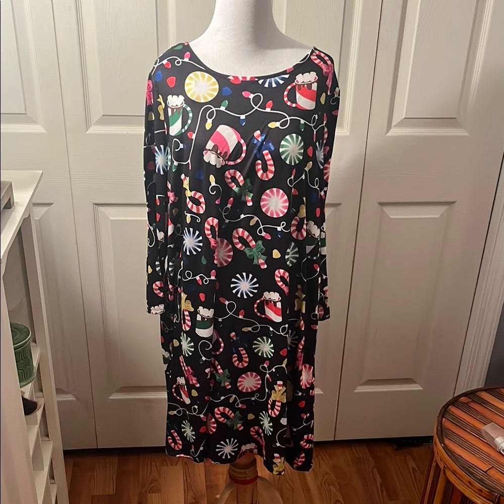 Festive Black Dress with Colorful Holiday Print
